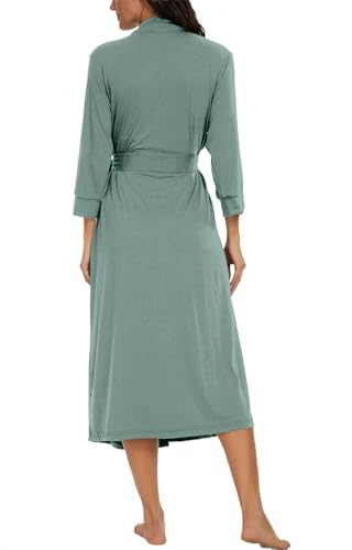 PrinStory Damen Morgenmantel V-Ausschnitt Bademantel 3/4 Ärmeln Kimono Robe Morgenrock Gestrickt Nachtwäsche Lang Saunamantel (Dunstblau, XXL)
