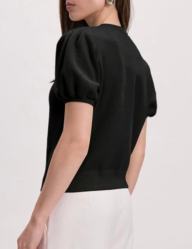 Womens Lightweight Puff Short Sleeve Cardigan Sweater Summer Y2k Cropped Knit Button Up Blouse Tops4
