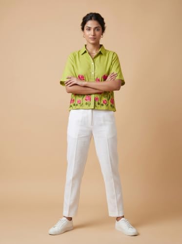 Image of Stylish Women's Embroidered Shirts | Geometric Pattern Half Sleeve Collared Button-Up Casual Shirt for Women