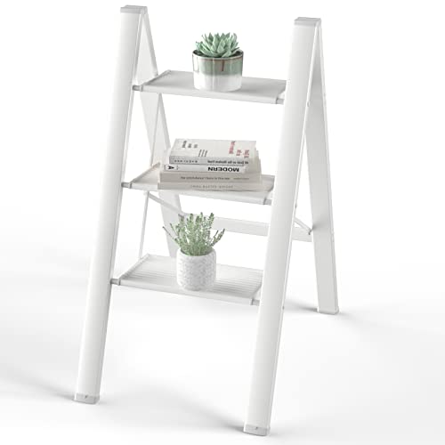 Hbtower 3 Step Ladder, Folding Step Stool With Wide Anti-Slip Pedal, 330 Lbs Capacity Aluminum Lightweight Portable Stepladder For Household Office,White #TOP20