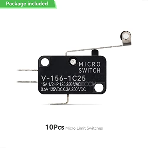 JANDECCN 10Pcs Lead Limit Switch Hinge Roller Lever Arm, SPDT 1NO 1NC Snap Action Micro Switch V-156-1C25