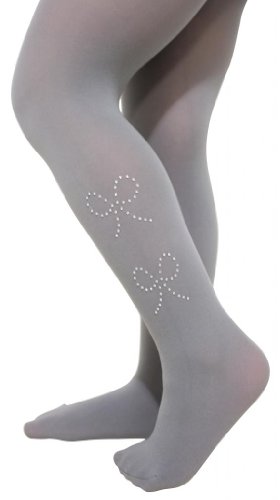 Florence Girls Microfiber Hold and Stretch Rhinestone Design Footed Tights - Light Grey (Size 10-12)