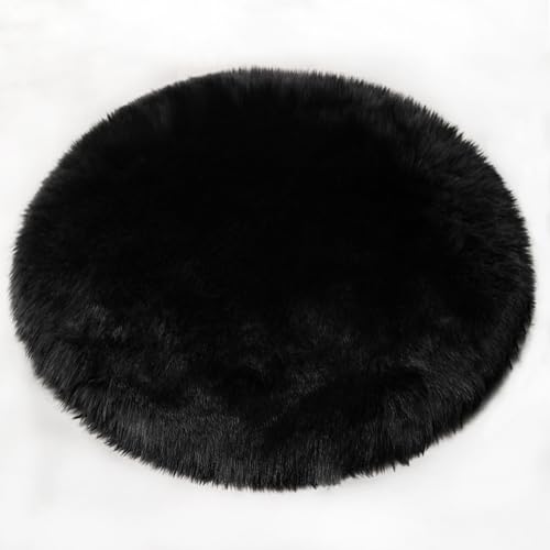 wykikon フェイクファー シープスキン シャギー ラグ カーペット カバー シート クッション パッド 円型 ソファマット 人工ウール エリア ラグ ふわふわ フロア マットリビング ソファ用 オフィス用 ホームデコレーション 絨毯 ムートンラグ 撮影用 洗える (ブラック,直径35cm)