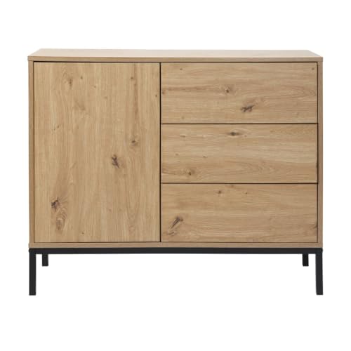 Piedi in metallo nero. Casâme Comò 1 Porta 3 Cassetti Decorazione Rovere - L90 x H80 cm