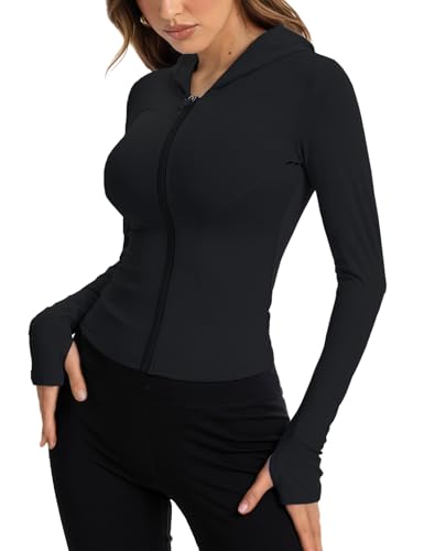 Women Bbl Jackets with Hood Compression Workout Tops Lined or Unlined Lightweight Yoga Gym Jacket with Thumb Hole