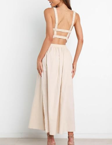 Womens Linen Skirts Casual Summer Elastic High Waisted A Line Pleated Midi Skirt with Pockets2