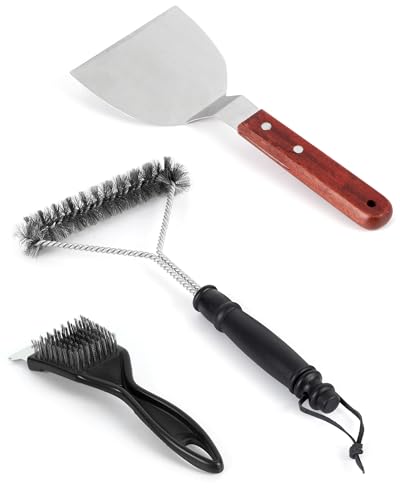 Kit de Nettoyage Barbecue - 3 Brosses en Acier Inoxydable et Grattoir pour Gril - Set d'Outils de Nettoyage pour Barbecue à Gaz, Charbon et Électrique -...