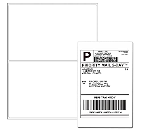 Image of 200 Rounded Corner Half Sheet Labels, Self Adhesive Shipping Label for Laser and Ink Jet Printers, White Blank, 2 Labels Per Sheet (100 Sheets)