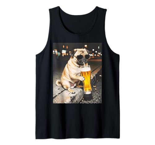 Pug Dog Drinking Beer Funny Meme Animal Lover Men Women Tank Top