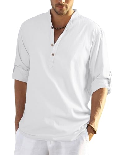 YAOHUOLE Manche Longue Chemise en Lin Col Mao Chemise De Plage Classique Henley Chemise Homme Col Mao Blanc XL