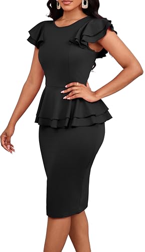 Image of Dresses for Women Elegant Long Sleeves Ruffles Pencil Knee Length Split Business Dress with Belt Zipper