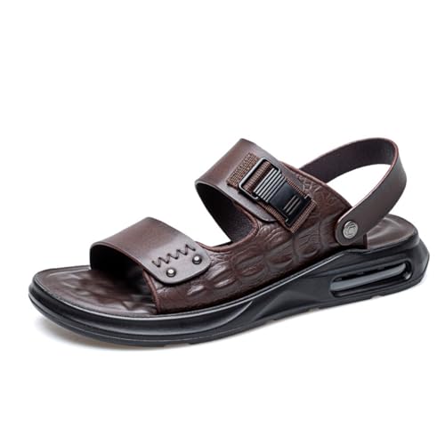 XOEKDMen's Crocodile Pattern Leather Air Cushion Soft Bottom Sandals Fashionable and Non-Slip Round Open Toe Adjustable Ankle Strap Beach Slippers Suitable Outdoor Hiking