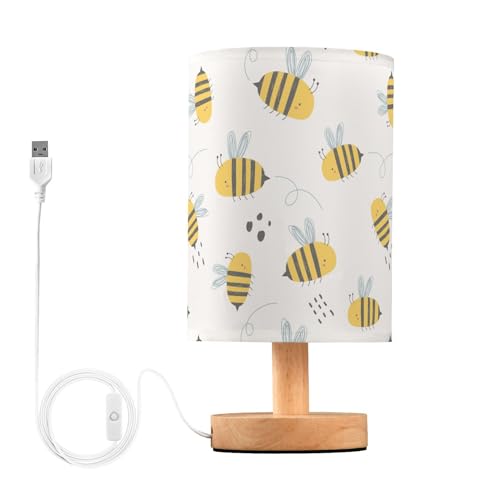 Image of Bseiialft Bedside Table Lamp Cute Bee Dot Nightstand Lamp with Wood Base Night Light Linen Fabric Shade for Bedroom Living Room Nursery Office Desk