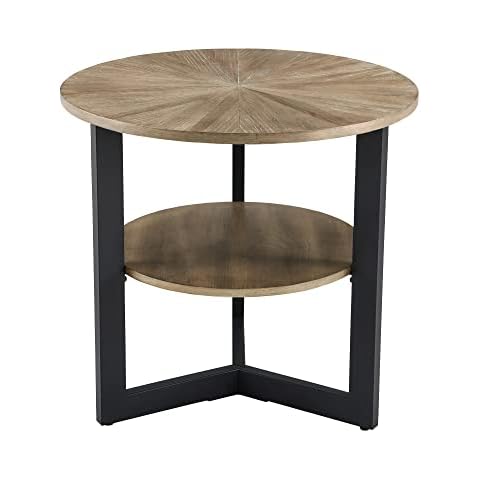 MIAUWUUFHOME Solid Wood End Table, Round Side Table with Steel Frame for Small Space, Small Coffee Table with 2 Shelves for Living Room, Bedroom, Nightstand, Black CJZ1338 Cover
