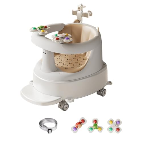 Jopsavm背もたれ付きベビーバスチェア、吸盤デザイン、滑り止め、角度調節可能、360°サラウンドデザイン、抗菌、洗える、安定したデザイン、入浴補助、新生児から36ヶ月まで対応、ベビーバスギフト (オフホワイト,車輪付き入浴チェア)