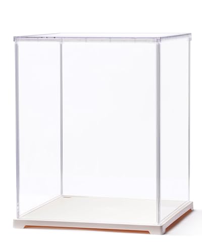 Rolife Acrylic Display Case Dust Cover for Collectibles, Dustproof Protection Showcase with White Base with Door for Plush Toy, Book Nook & Daily Goods (12.2''x9.8''x9.8'')