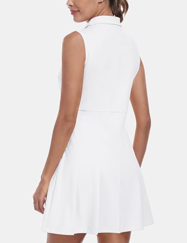MoFiz Tenniskleid mit Hose Damen Ärmellos V-Ausschnitt Sommer Golf Sportkleider Freizeitkleider Polokleid mit Reißverschlusstaschen Weiß EU S