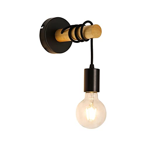 Applique Murale en Bois Vintage, Applique Rétro Industrielle, Lampe Murale Suspendue à Base Ronde en Métal, Éclairage Mural Noire Intérieur E27 pour Chambre, Salon, Couloir (Sans Ampoules) - Image 3