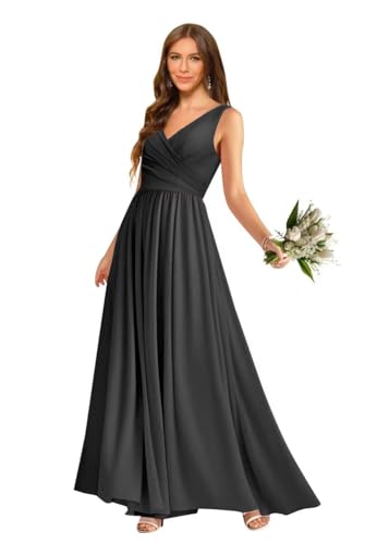V Neck Chiffon Bridesmaid Dresses for Women A Line Pleated Formal Evening Party Gown
