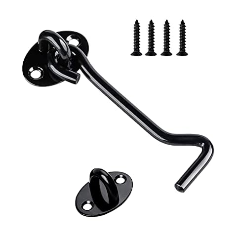 1PCS Stainless Steel Cabin Hook and Hook and Eye Latch, 4 Inch shed Door Latch Heavy Duty, gate Latch for Wooden Gates,Window Brace Gate Door Catch Silent Holder, Black Cover