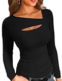 VICHYIE Long Sleeve Shirts for Women Cutout Tops Ribbed Slim Fitted Fashion Fall Clothes One Piece Pullover Tee Tshirts Black M