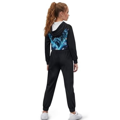 WELLFLYHOM Girls Cropped Hoodie and Jogger Pant Sets 4-13 Graphic Sweatsuit Long Sleeve Hooded Shirt and Sweatpants2