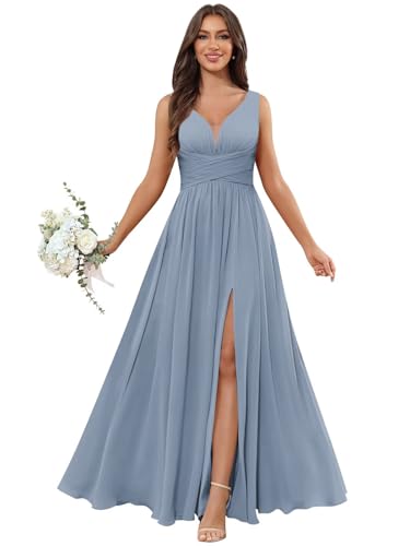 Ufashion Women's V Neck Bridesmaid Dresses for Wedding Long Chiffon Pleated Formal Dress Evening Gown with Slit4