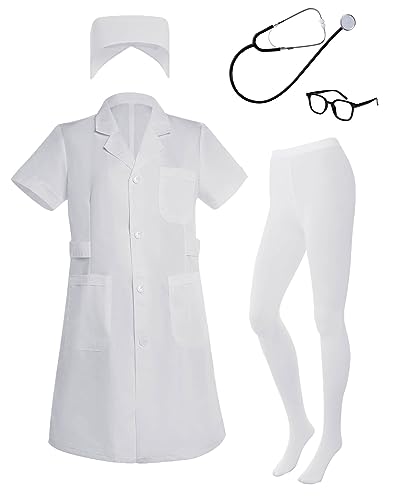4-teiliges Krankenschwester-Kostüm für Damen, weißer Laborkittel, Arzt-Kostüm, Halloween, Krankenschwester, Kleid, Outfit, enthält kurzärmelig, weißer Laborkittel, Krankenschwester, Hut,