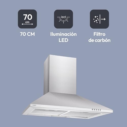 Miniatura 2 de Candy CCE117/1X, Campana extractora 70 CM, 3 Niveles de Potencia, 65W, 305M3/H, Filtros de Carbono, 2 Paneles Aluminio Antigrasa, Iluminación LED, 56/62DB, Clase C, Acero Inoxidable