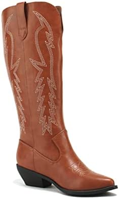 Soda COWBOY ~ Women Western Stitched Pointe Toe Mid Heel Tall Shaft Fashion Boots (7.5, COGNAC PU, numeric_7_point_5) | Image 3