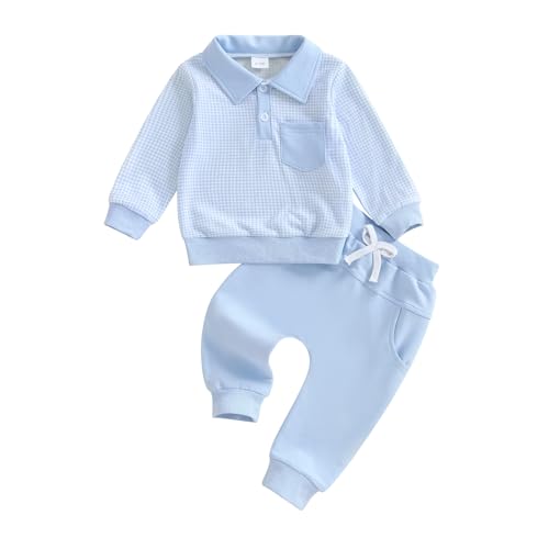 Vioyavo Toddler Boy Spring Fall Outfits Plaid Print Long Sleeve Lapel Sweatshirt Tops Elastic Waist Long Pants 2Pcs Tracksuit Clothes Sets (Blue, 12-18 Months)