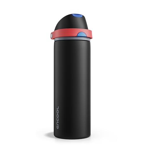 Image of Insulated Water Bottle with Straw - Encool Stainless Steel Water Bottle with Push Button Lid, Leak-Proof & BPA-Free, Keeps Cold for 24 Hours for Sports, Travel, Gym (24 oz, Oil Black)