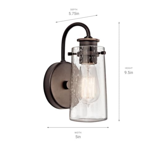 Image of Kichler Braelyn 9.5 inch Wall Sconce in Olde Bronze, 1-Light Industrial Wall Mount with Clear Seeded Glass, (9.5 inch H x 5 inch W), 45457OZ