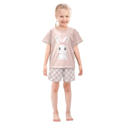 Checkerboard Plaid Bow Adorned Bunny Pajama Set Short Sleeve PJS 2 Piece Summer Pajamas Shorts Sets Cotton 5Y3