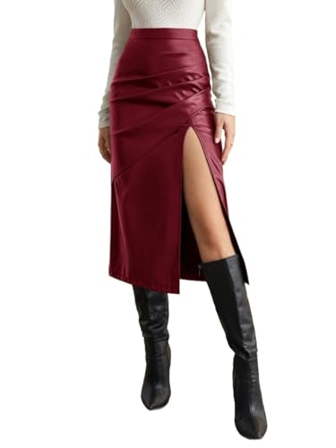 Trend Women's Summer Basic Skirt Solid Color PU Leather Pleated Side Slit Asymmetrical Skirt For Beach