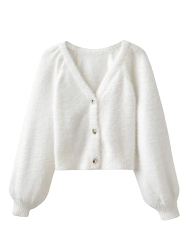 GORGLITTER Girl's Cute Cardigan Cropped Fuzzy Long Sleeve V Neck Button Down Trendy 2025 Sweaters