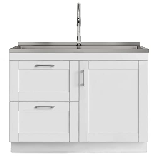 Image of SIMPLIHOME Modern Wide Shaker 46 inch Wide Stainless Steel Sink Laundry Cabinet