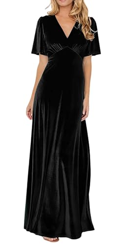 R.Vivimos Womens Fall Velvet Maxi Dress 2026 Short Sleeve V