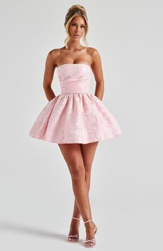 VOfuter Jacquard Homecoming Dresses Short Satin Prom Dress for Teens Mini Strapless Cocktail Party Gown with Bow4