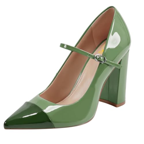 SHODENSE Women Chunky High Heel Mary Jane Pumps Shoes Ankle Strap Closed Pointed Toe Dress Sandals Two-Toned Cap Toe Patent Leather Mary Jane Heels Buckle Patchwork Office Work Party Dance 4-11 M US