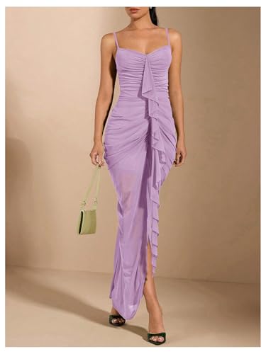 Image of Floerns Women's Ruffle Ruched Cami Dress Draped Split Elegant Bodycon Maxi Dresses