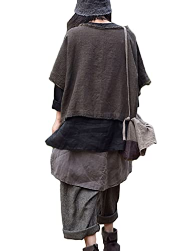 NFYM Women Early Autumn Short Outerwear Thick Yarn-Dyed Short Sleeve Linen Tops Retro Pullover with Pockets