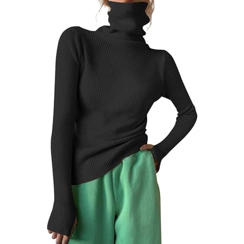 Suéter de punto acanalado con cuello alto para mujer, manga larga, cuello alto, ajuste delgado, casual, ropa interior larga para mujer, clima frío, Negro, L