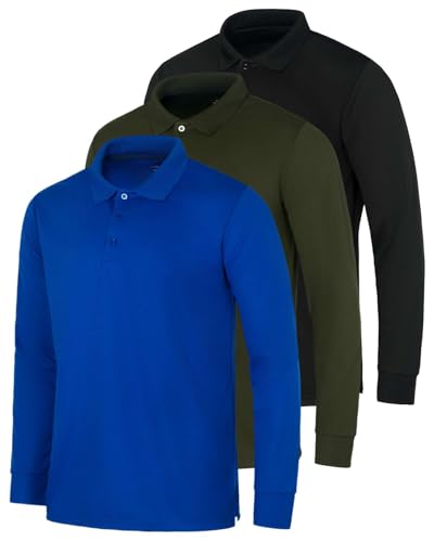 Real Essentials 3 Pack Men's Dry Fit Long-Sleeve Active Polo Shirt Casual Performance Golf (Available in Big & Tall)
