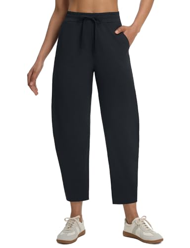 baleaf Womens Barrel Pants with Zipper Pockets Drawstring Athletic Pants Elastic Waisted Casual Lounge Work Travel Black L
