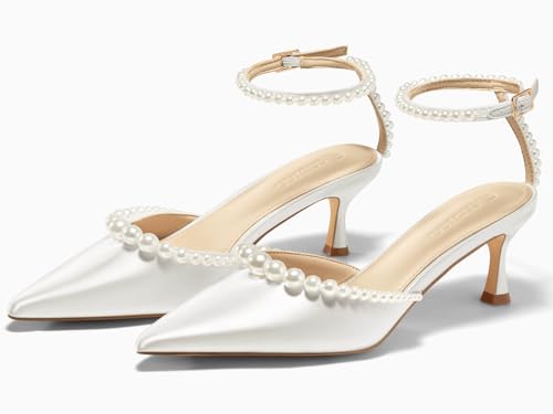 Coutgo Womens Pearl Kitten Heels Closed Pointed Toe Wedding Bride Dress Shoes Ankle Strap Satin Pumps4