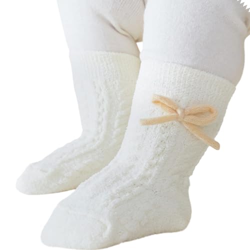 KMGDM - Calcetines infantiles con acento antideslizante, altura de tubo medio, forro polar, parte superior elástica, con lazo, para niñas pequeñas, calcetines cálidos para bebé de invierno, blanco