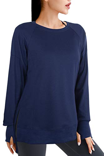 Maintain Vigour Women's Crewneck Sweatshirt Long Sleeve Side Split Pullover Loose Lightweight Tunic Tops with Thumb Holes (Navy Blue,Small)