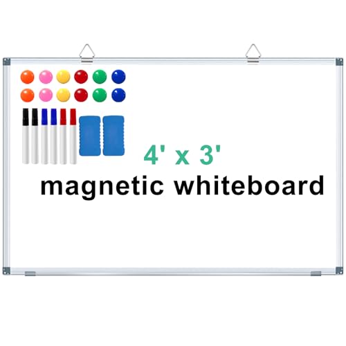 H-Qprobd Large Dry Erase White Board 4' x 3' Magnetic Whiteboard 48"x36" Aluminum Presentation Whiteboard with Long Pen Tray, 6 Markers, 2 Erasers &12 Magnets