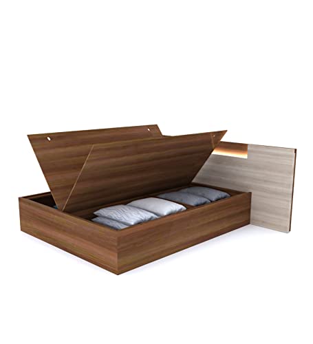 Image of King Size Engineered Wood Platform Bed with LED Fitted Headboard and Storage (Brown /Walnut) (Without Side Table)